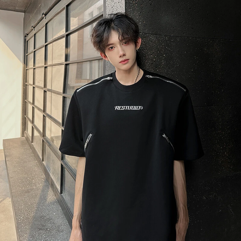 cleanfit垫肩T恤短袖男美式高街重磅拉链设计感潮牌潮流小众半袖