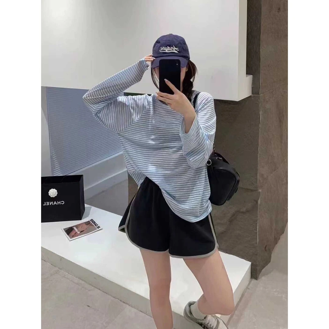 慵懒风条纹长袖T恤女夏季薄款宽松显瘦防晒罩衫上衣ZJ505