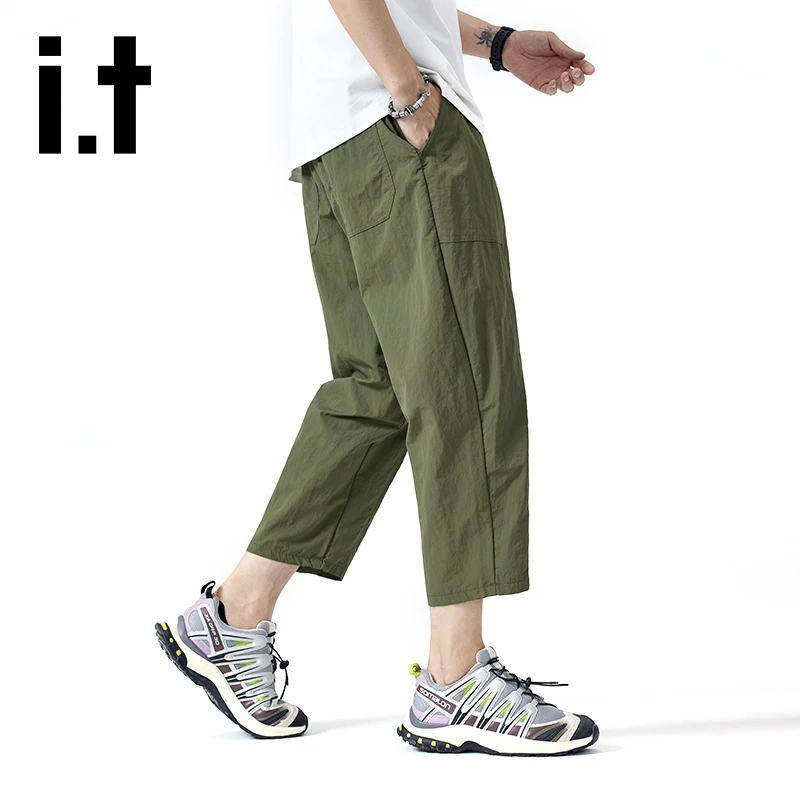 it izzue夏季薄款透气速干休闲裤男士潮流宽松直筒简约百搭八分裤