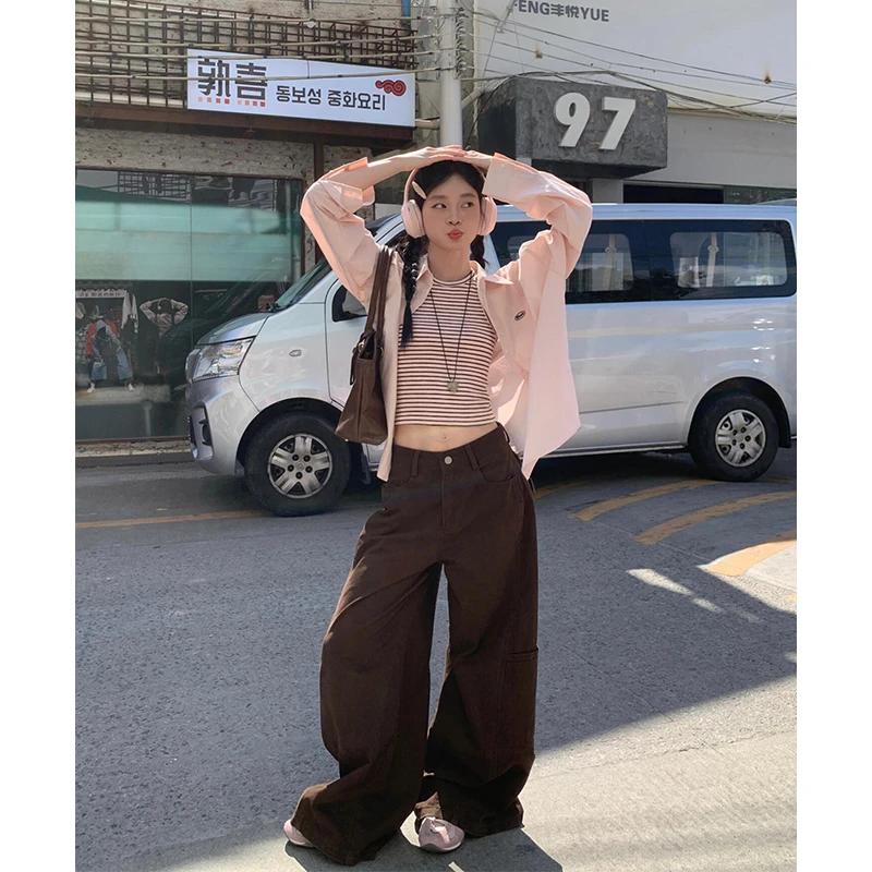 parkyeon秋季新款条纹背心衬衫外套上衣女秋季高腰阔腿休闲裤套装