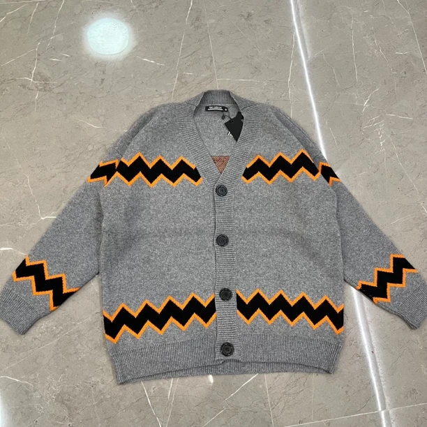 重磅高克重 撞色波浪纹 美式复古潮牌毛衣开衫6006