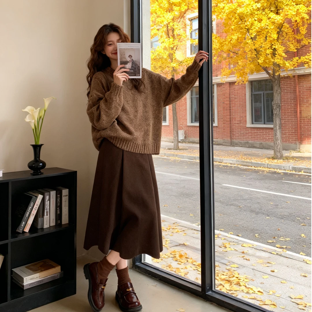 M1670M873#秋季套装女美拉德复古针织毛衣搭显瘦半身裙两件套