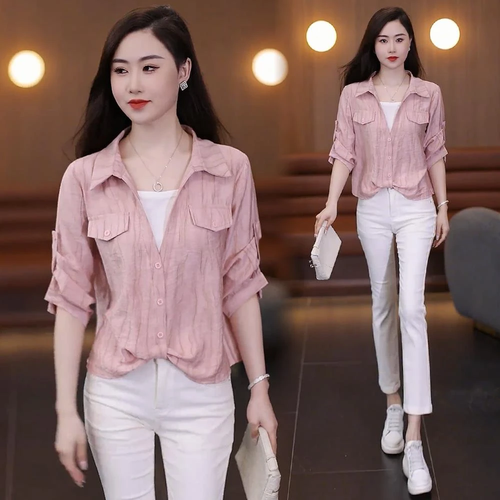 2025夏季新款假两件衬衫女洋气质宽松遮肉显瘦小个子七分袖雪纺衫