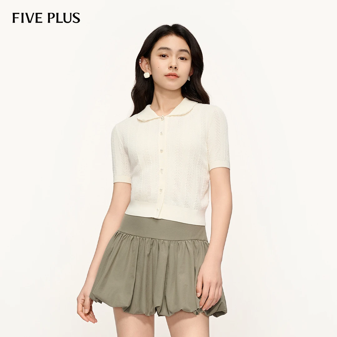 FIVE PLUS春装短袖针织衫外套女单排扣镂空肌理感开衫2SC103026L