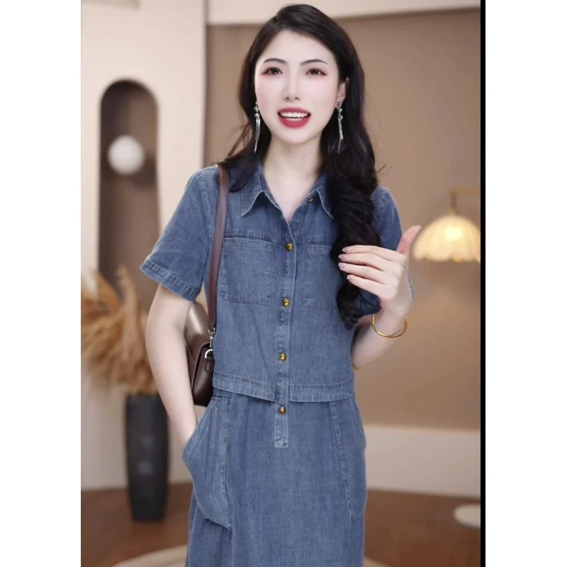 【新款-264】夏季牛仔蓝假两件短袖连衣裙优雅气质时尚减龄收腰显瘦