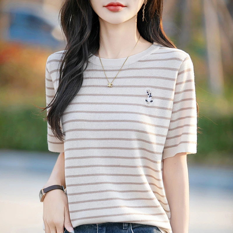 哥弟阿玛施正品【棉+桑蚕丝】针织短袖女夏季新款上衣时尚卡通刺绣
