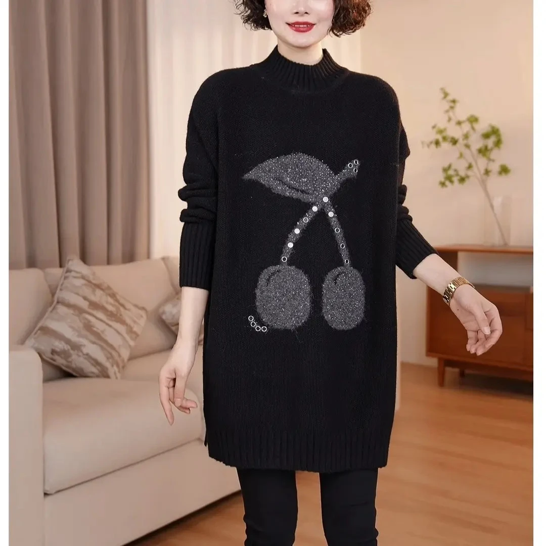 【现货】洋气毛衣女秋冬休闲时尚大码宽松胖妹妹中长款毛衣遮屁股