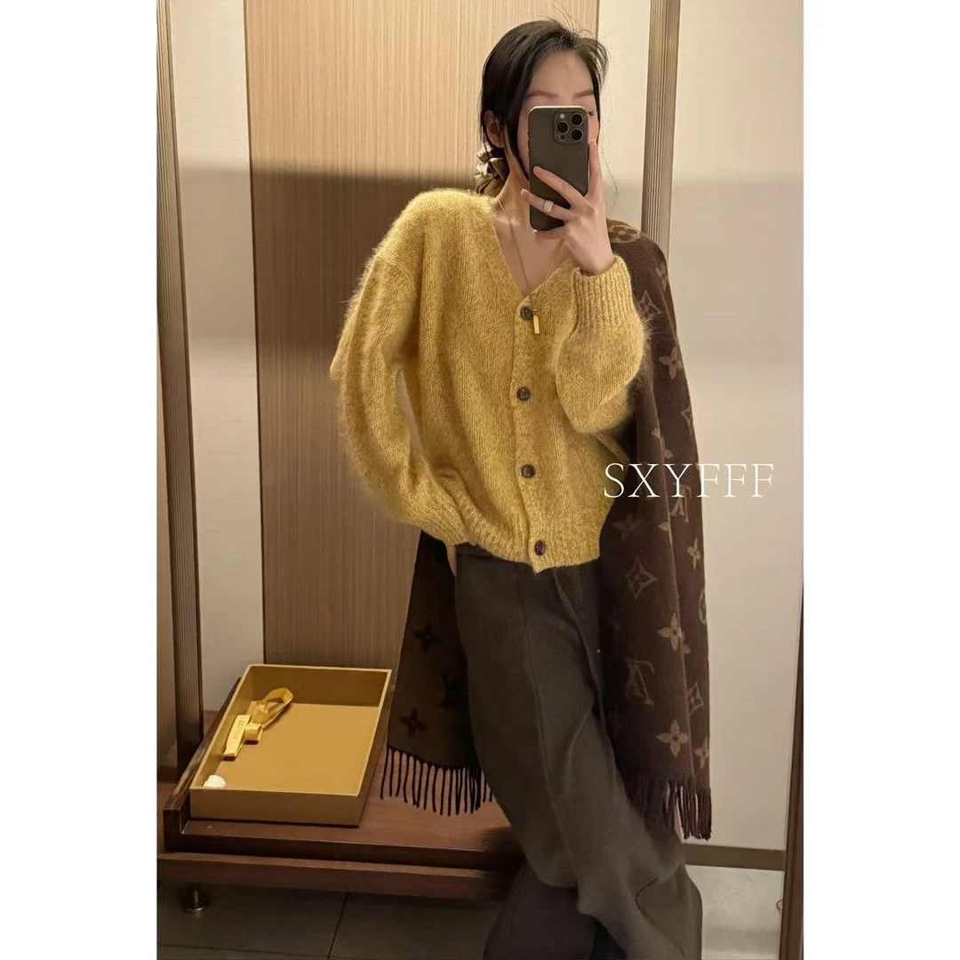 FFAN【暮铜暖柔】古铜扣V领花纱全羊毛拉毛大开衫