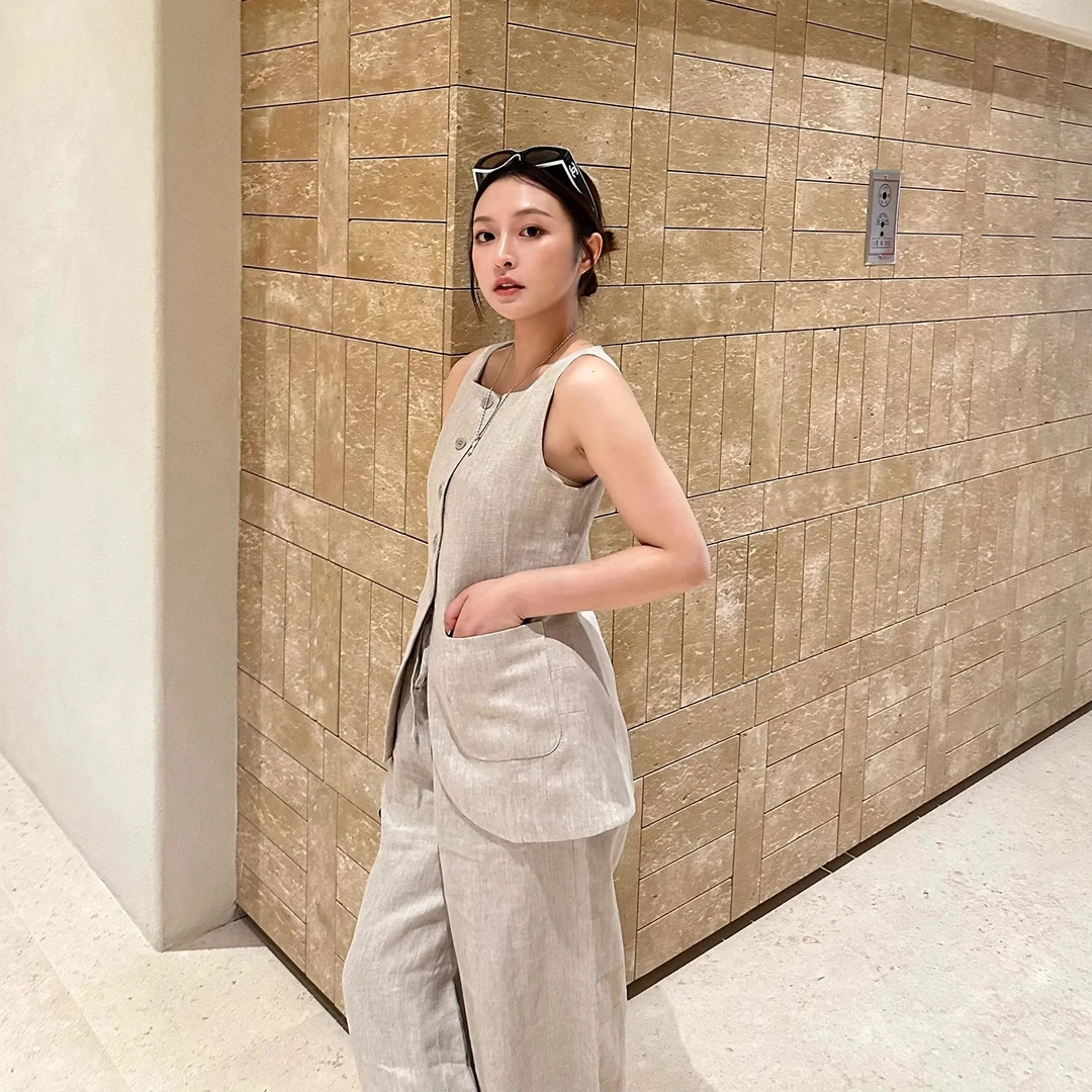 老钱风亚麻马甲套装女夏季气质通勤显瘦无袖西装背心阔腿裤两件套