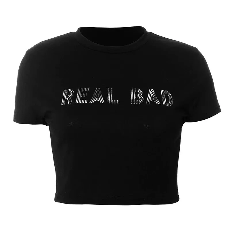 A16-4黑色“REAL BAD”烫钻字母短袖