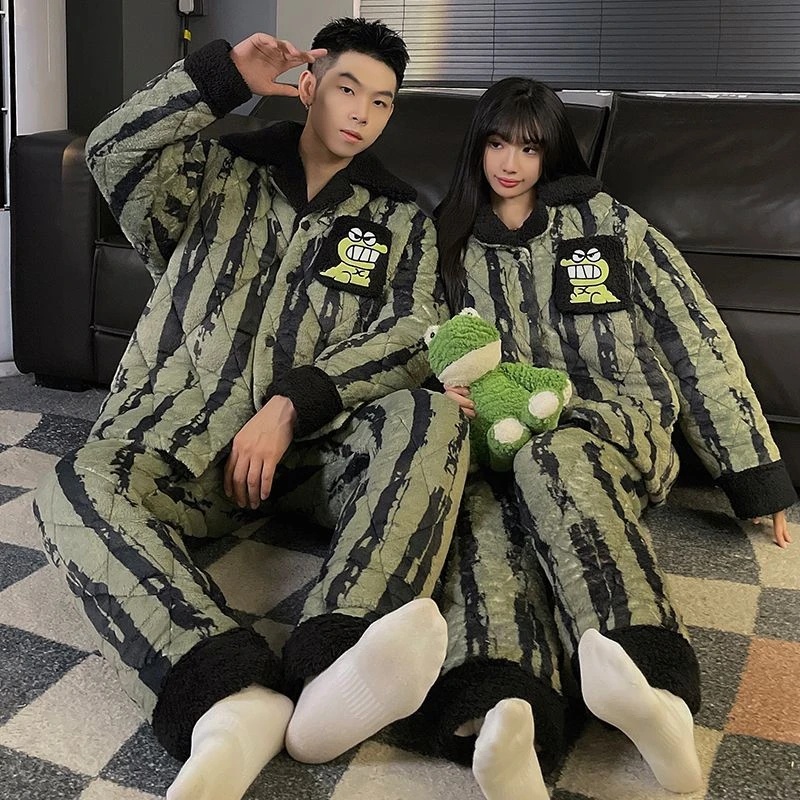 情侣睡衣三层夹棉加绒加厚珊瑚绒2024新款秋冬男士保暖家居服套装