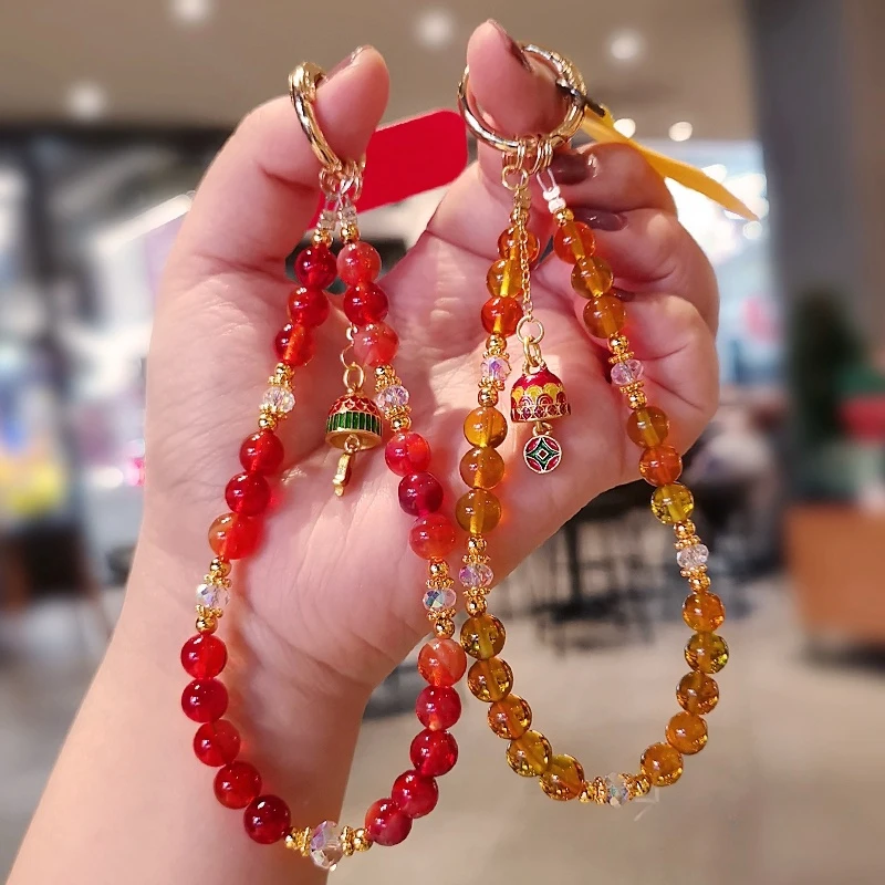 中国风吉祥风铃手机挂绳串珠水晶手机链短款手腕手提链手机壳挂件