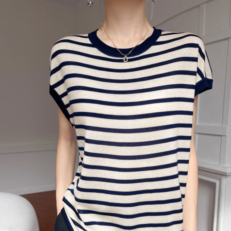 【100莱赛尔天丝】XZA85春夏新款圆领条纹短袖时尚百搭女士针织衫