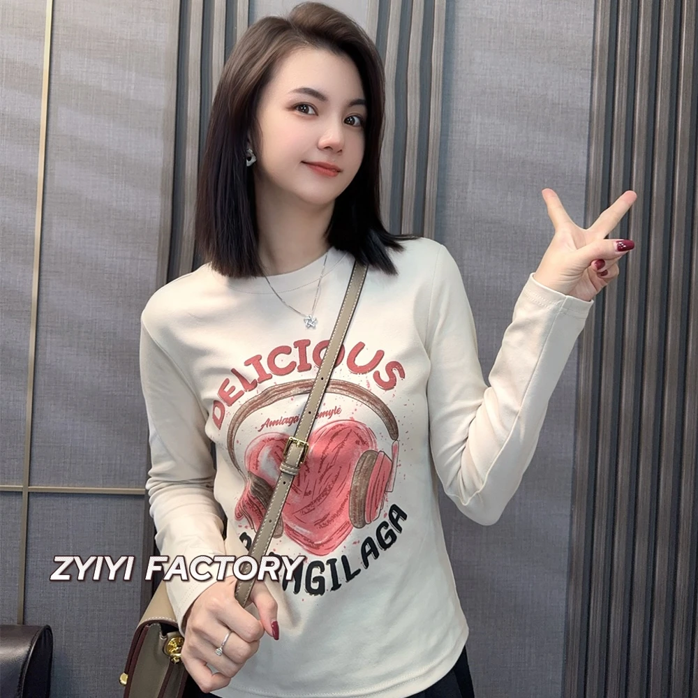 【爱心耳机】2024秋季新款长袖T恤修身显瘦休闲百搭上衣女