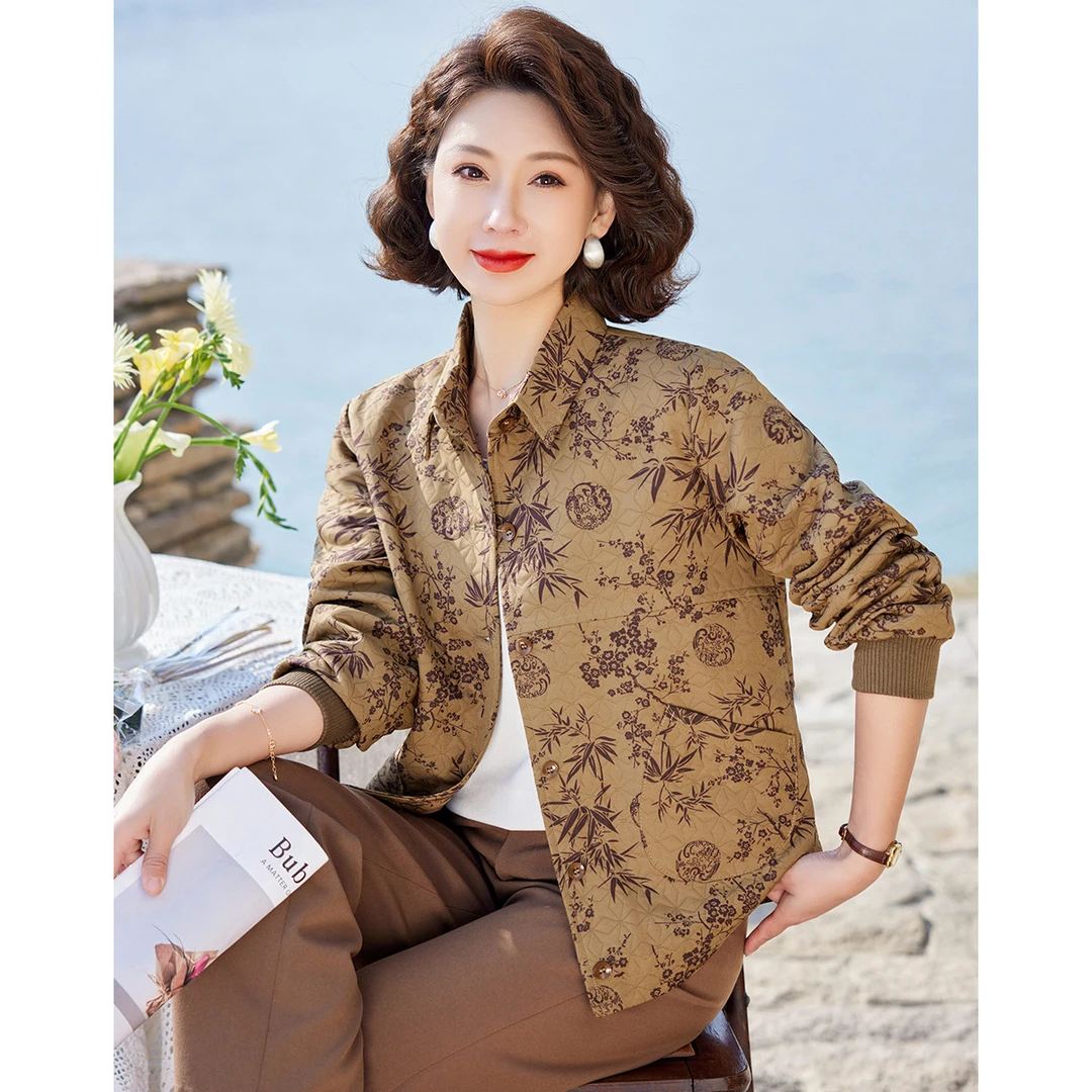 【国风印花外套】25春装妈妈装翻领上衣大码宽松中老年女装外套