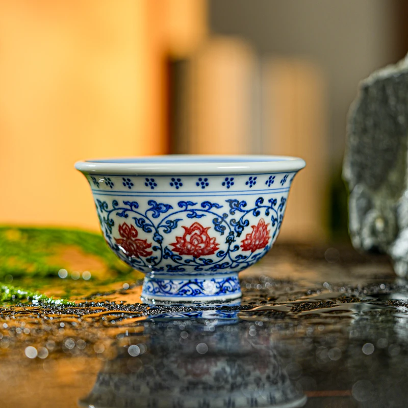 【墨舍名窑】涂杏花青花釉里红缠枝莲压手杯txh241