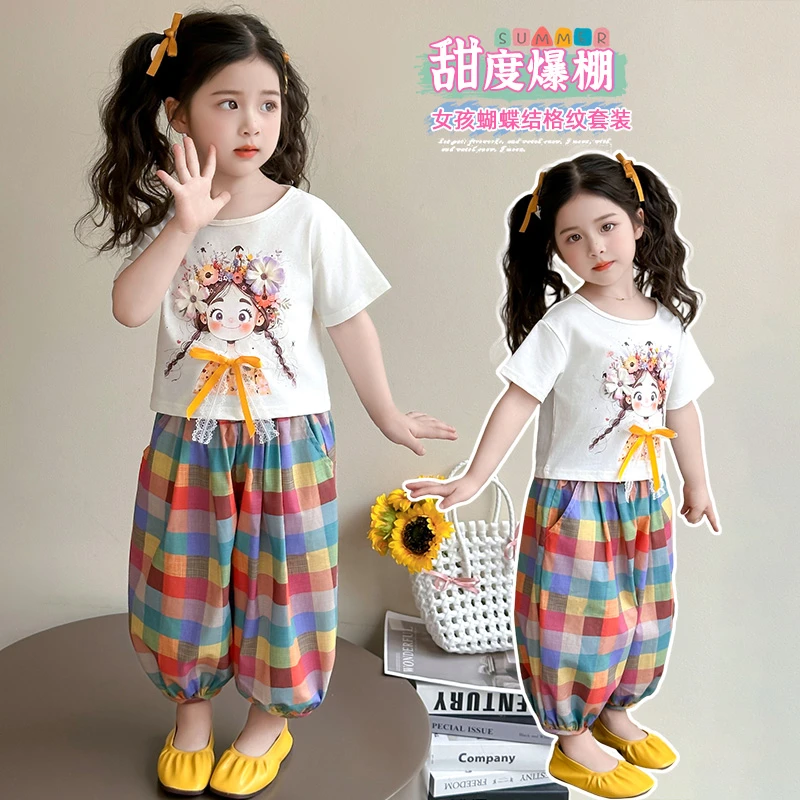 洋气女童格子夏装女童夏日碎花套装夏季女运动韩版防蚊裤格纹