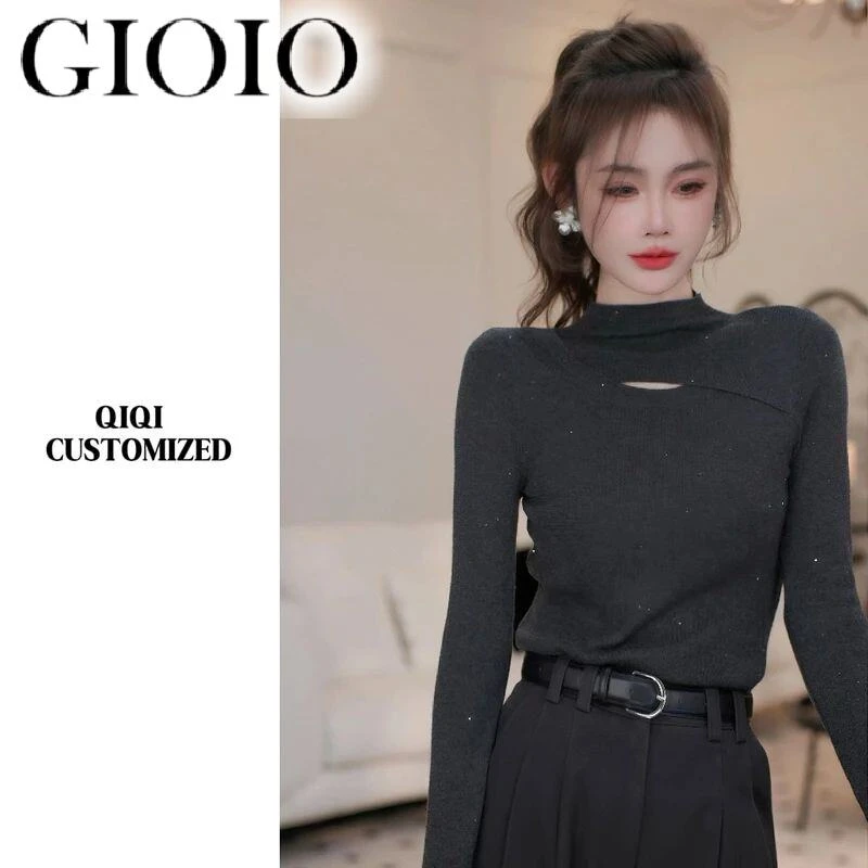 GIOIO设计感戚戚亮闪超弹定制气质打底衫镂空半高领秋冬女高级