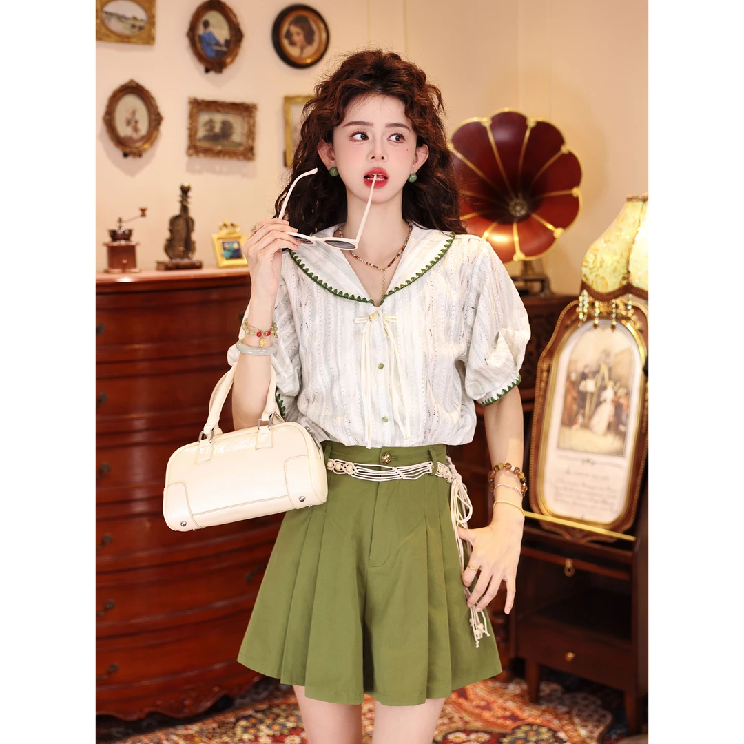 陈大器【竹石花】复古港风短袖夏季宽松女衬衫百搭上衣JE0706490