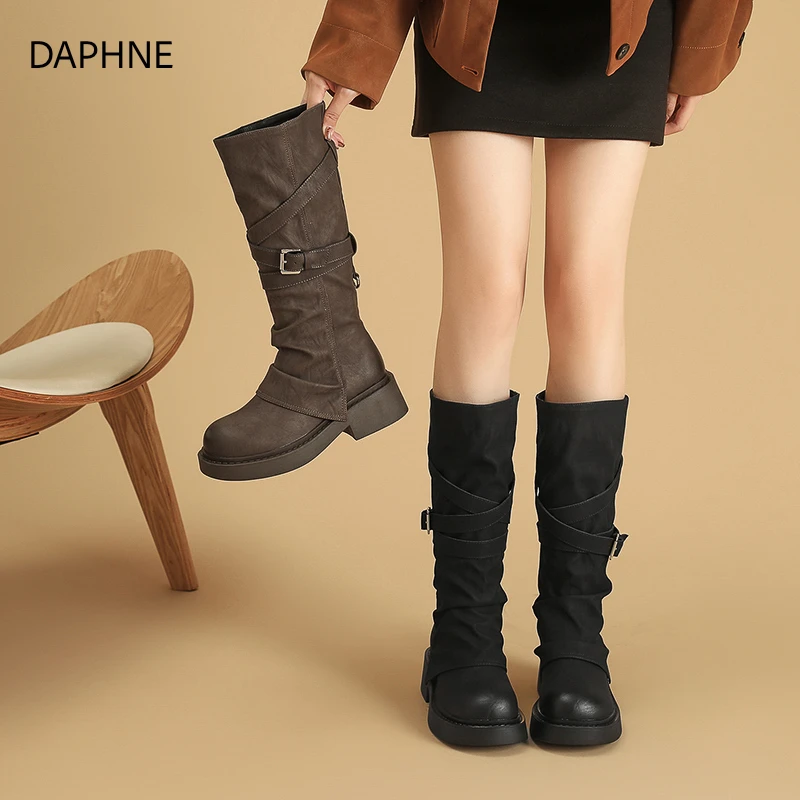 达芙妮厚底中筒靴女2025秋季新款百搭休闲时装靴子厚底增高靴子女
