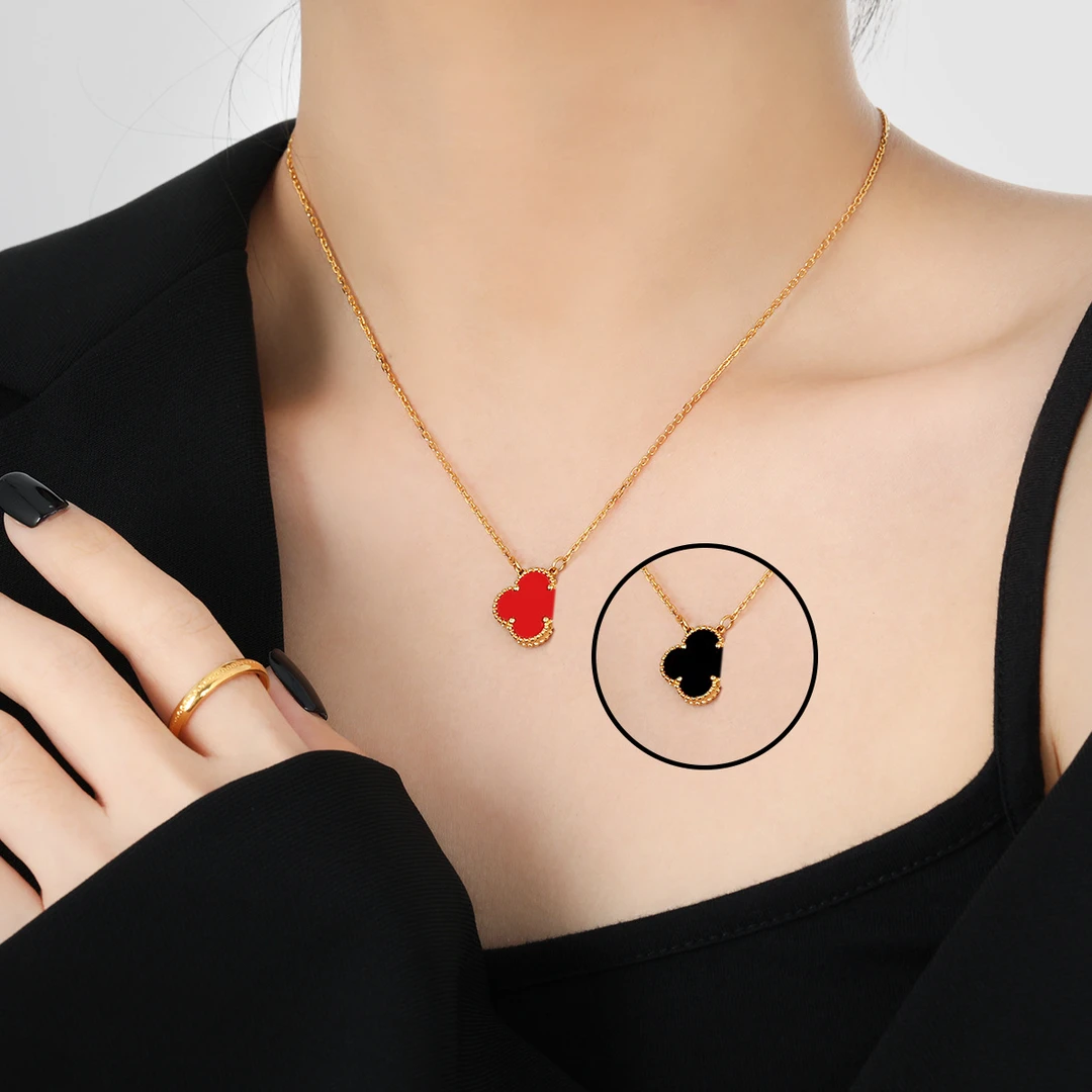 钛钢项链 不掉色  精工高定版黑红双面四叶草项链经典时尚百搭