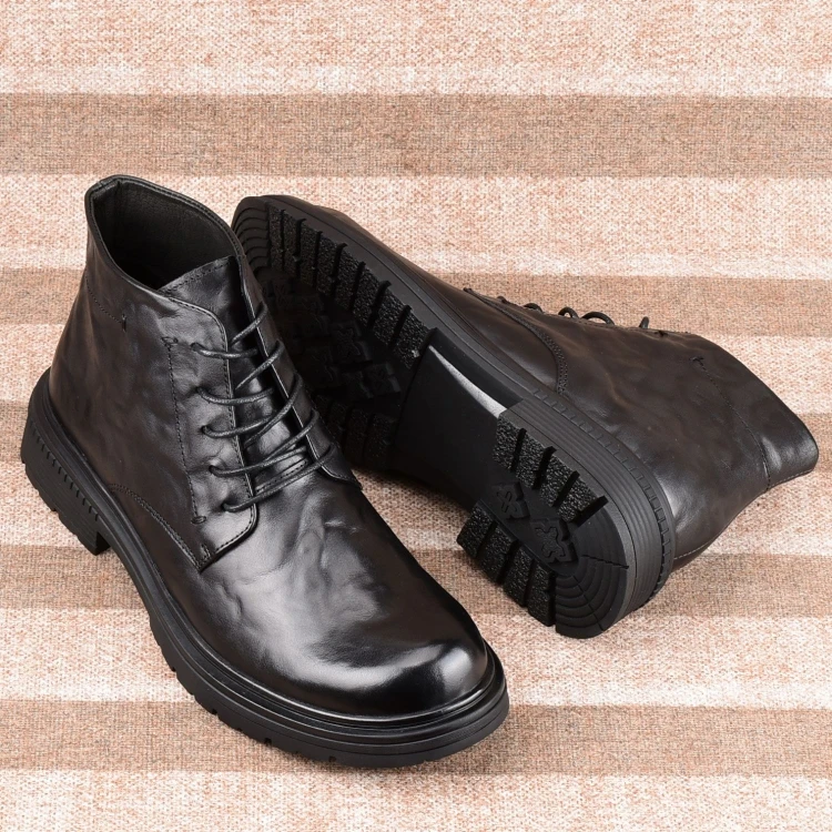 EAEOVNI男士靴休闲时尚短靴圆头中帮黑色平底舒适潮流靴子男