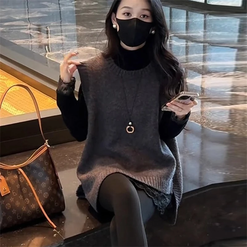 减龄一整套穿搭不规则设计感针织马甲蕾丝拼接打底衫T恤两件套装