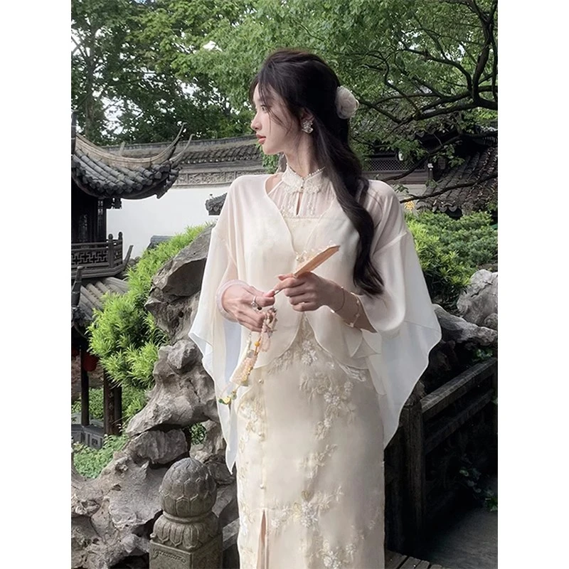 复古国风雪纺防晒衣女夏配裙子外搭披肩短款开衫外套薄纱坎肩罩衫