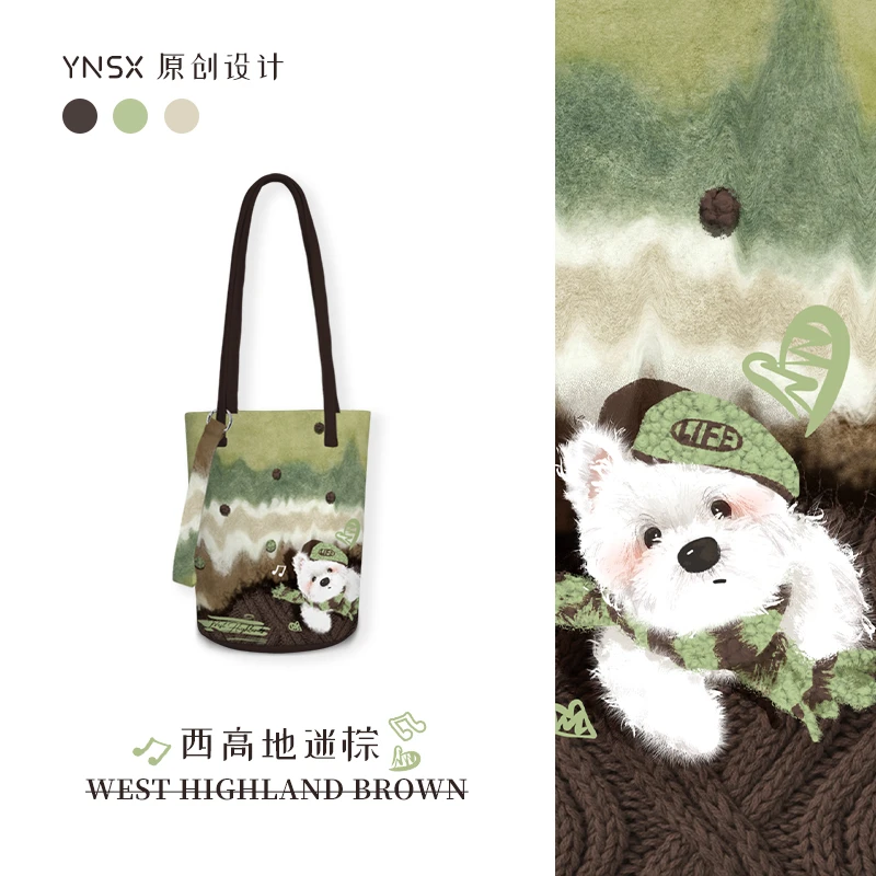 印你所想原创可爱帆布包绿色小众设计感水桶包上班通勤斜挎单肩包