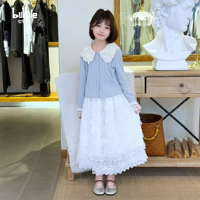 女童春装套装裙2025新款洋气时髦儿童开衫外套淑女花边长裙两件套