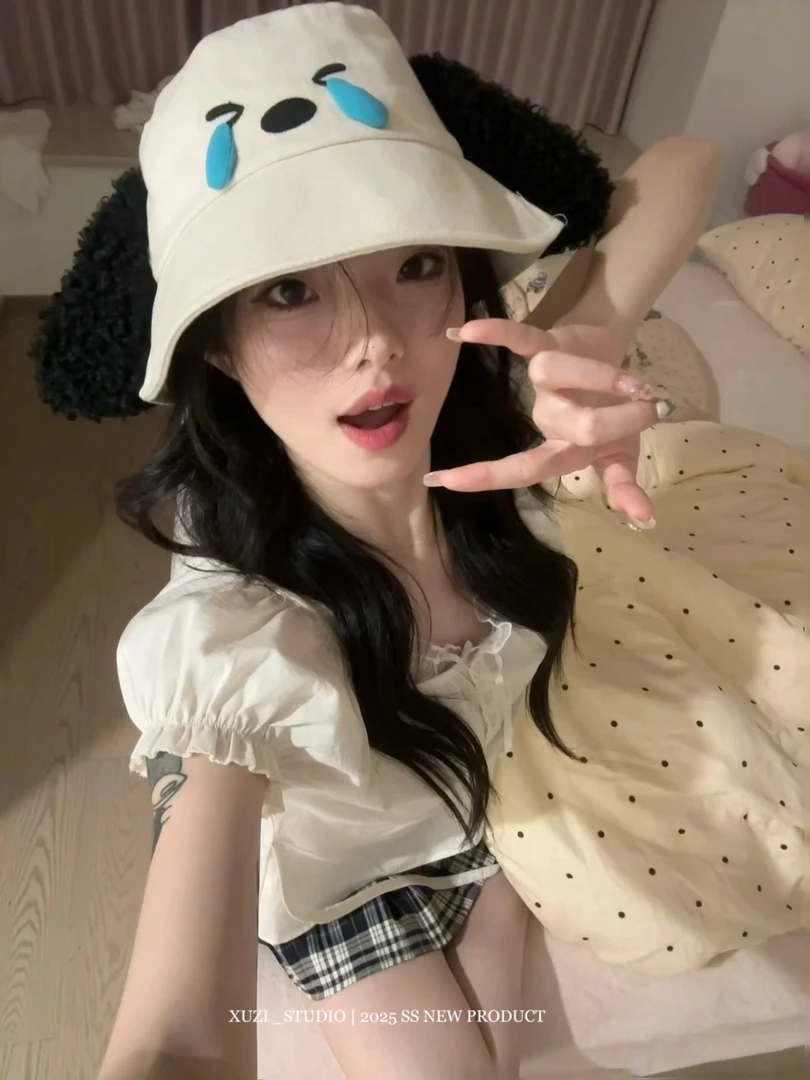 徐子 松饼苏子·假两件蝴蝶结蕾丝泡泡短袖夏季棉麻校服收腰娃娃衫