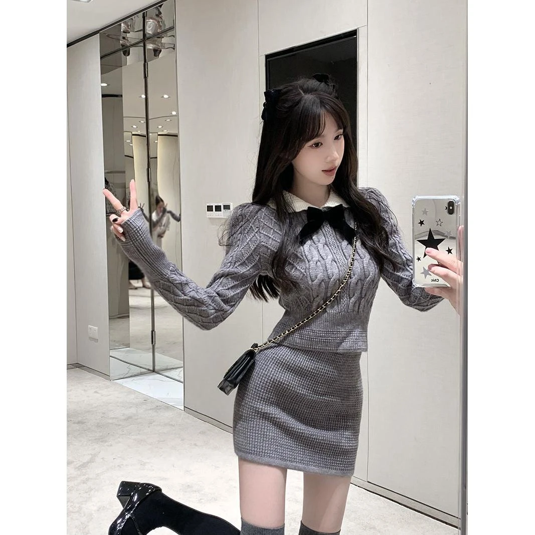 2919#复古时尚针织套装女蝴蝶结毛衣上衣秋冬半身裙甜辣两件套