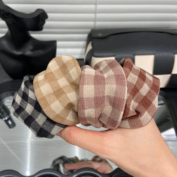 E4648 超宽无缝格子发圈头饰气质丸子头发绳高弹力耐用橡皮筋头绳