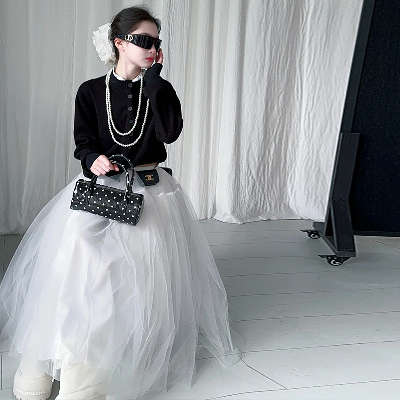 女童2025春夏设计感假两件开衫外套法式气质套装芭蕾风网纱半身裙