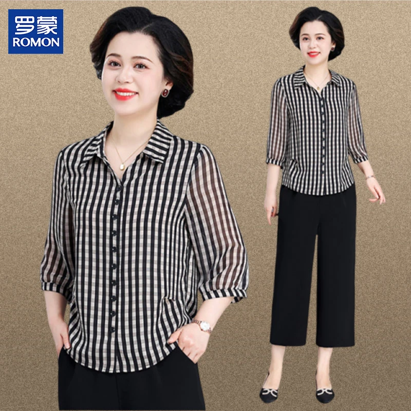 罗蒙妈妈装夏季休闲两件套2025新款中年格子衬衫中老年女显瘦套装