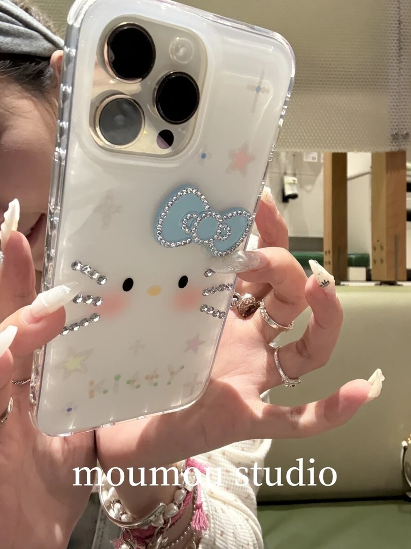 白底闪钻蝴蝶结猫咪适用iphone16苹果15promax手机壳14卡通13可爱
