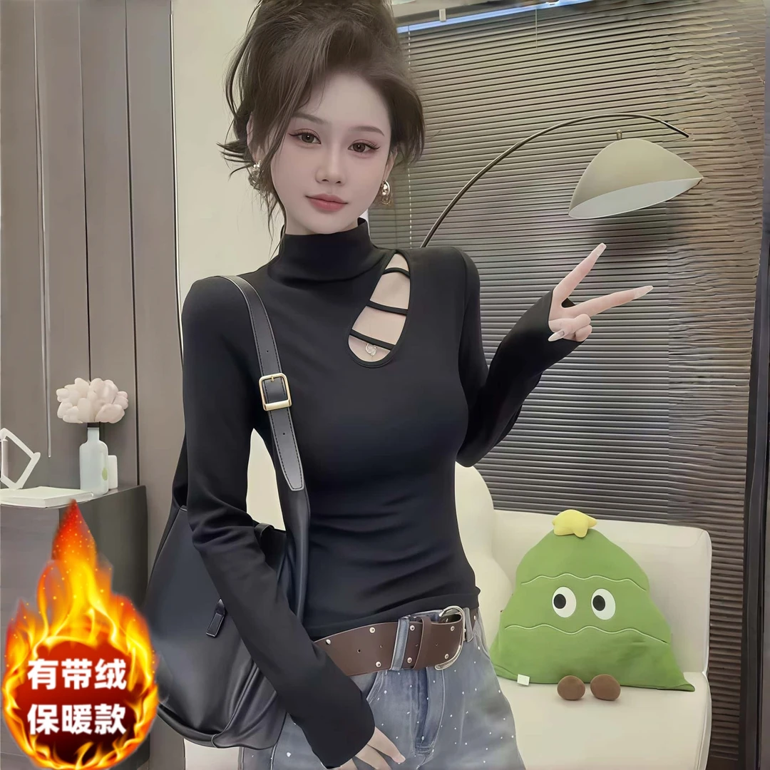 设计感洋气镂空显瘦长袖上衣女半高领秋冬加绒保暖内搭修身打底衫