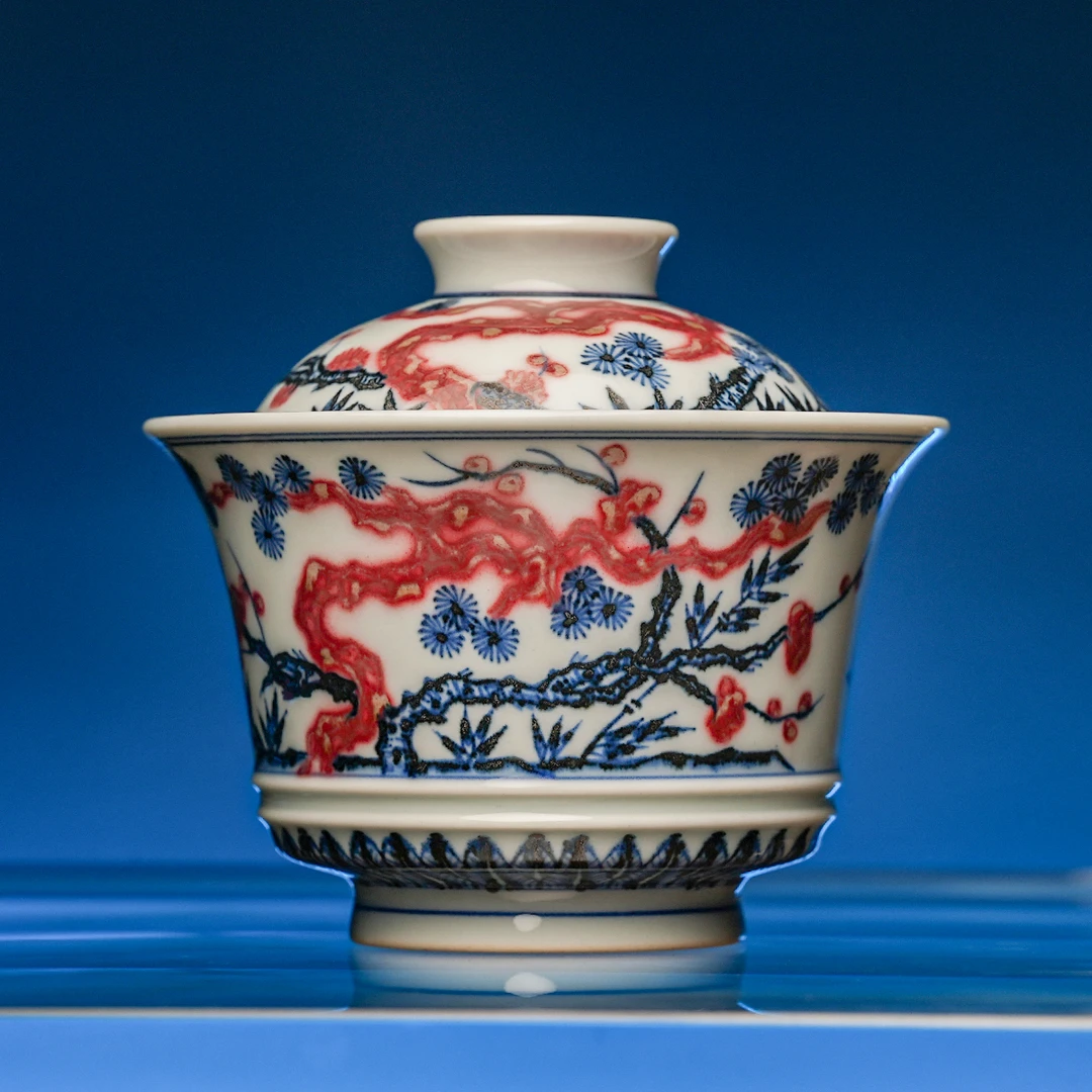 釉里红松竹梅盖碗