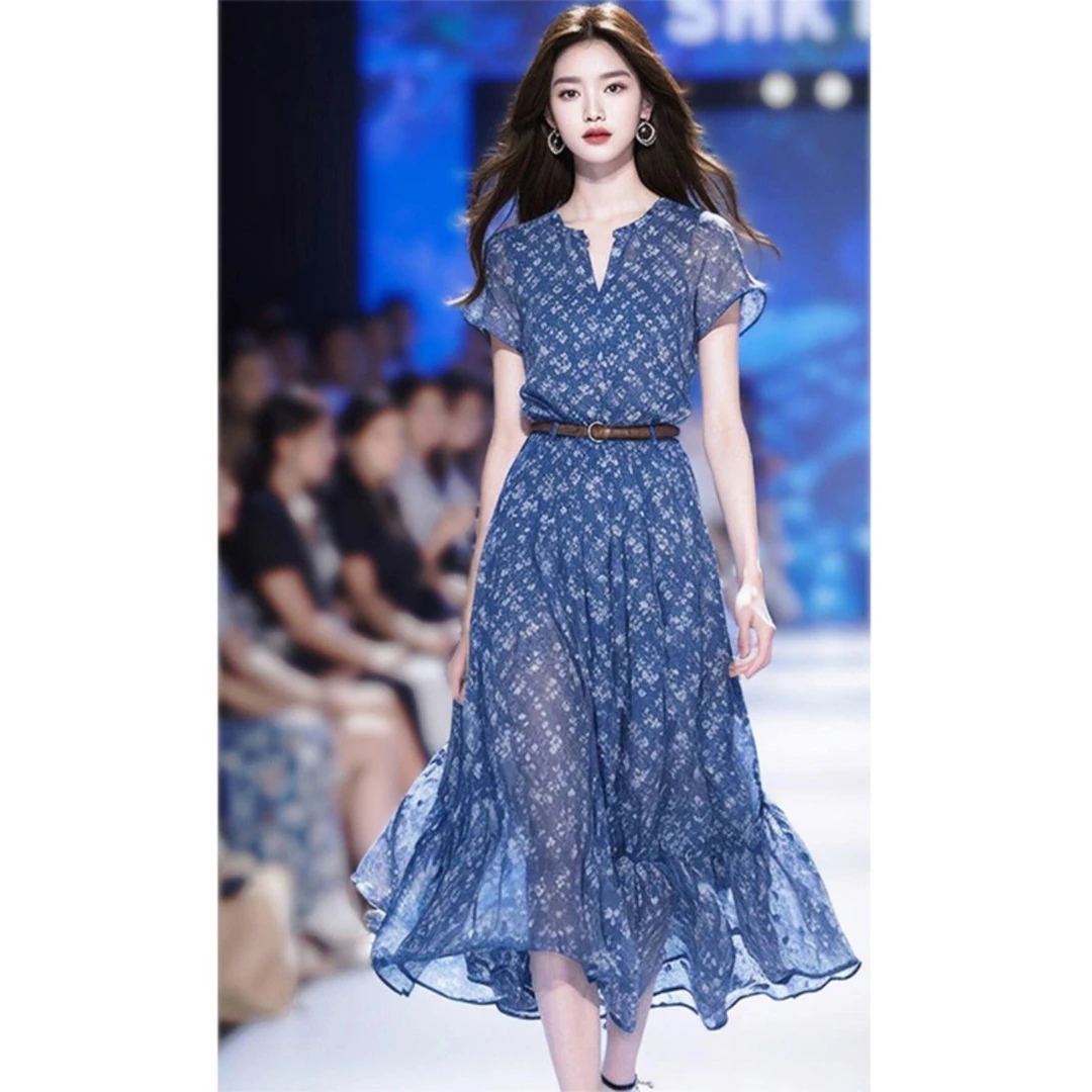 茶歇法式超好看端庄大气温柔风别致绝美显瘦蓝色雪纺连衣裙子女夏