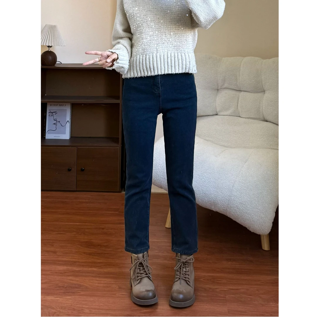 修身版型~秋冬新款小个子直筒牛仔裤女加绒高腰弹力九分烟管裤子