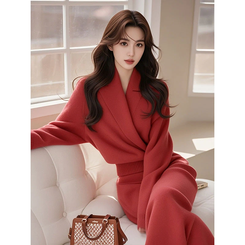 冬季穿搭一整套高级感气质名媛小香风红色针织毛衣套装本命年女装