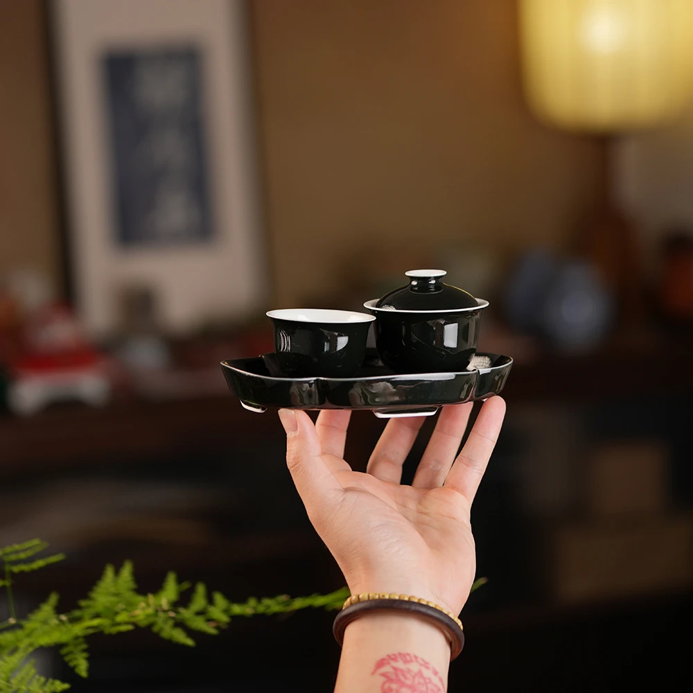 黑白釉迷你小盖碗60cc手工高温单色釉茶器茶具一碗一杯