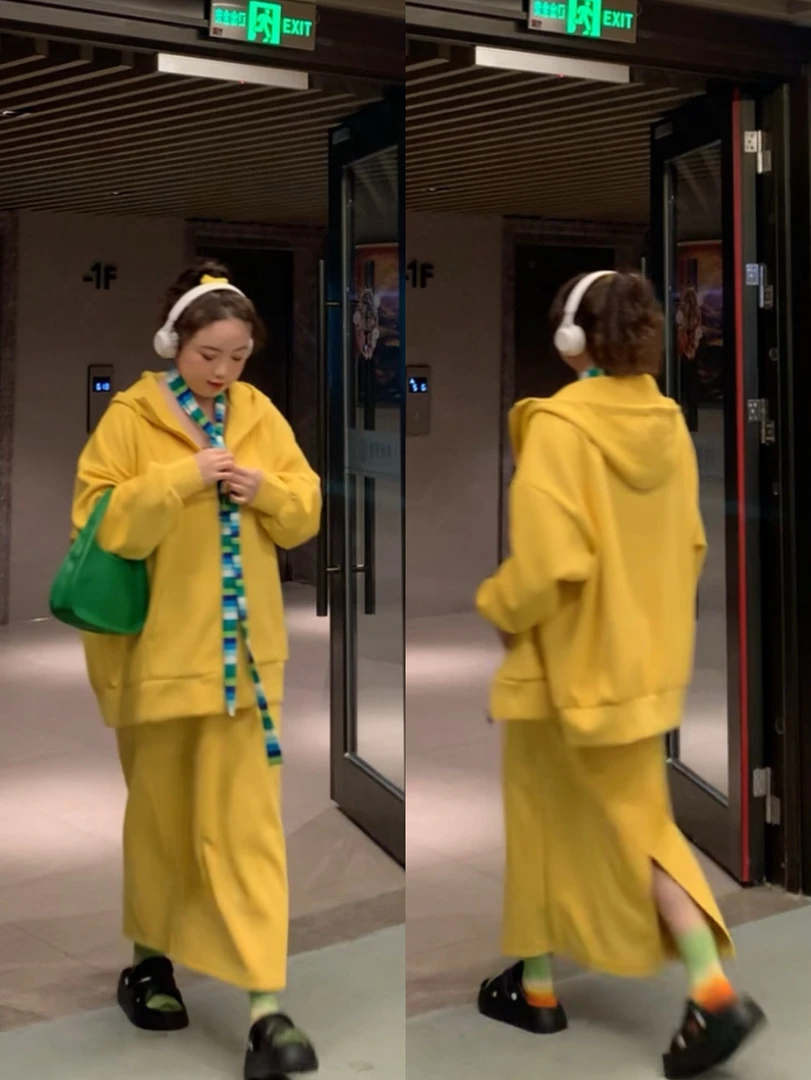 大码韩系休闲连帽外套开叉半身裙女慵懒风两件套-25028-1