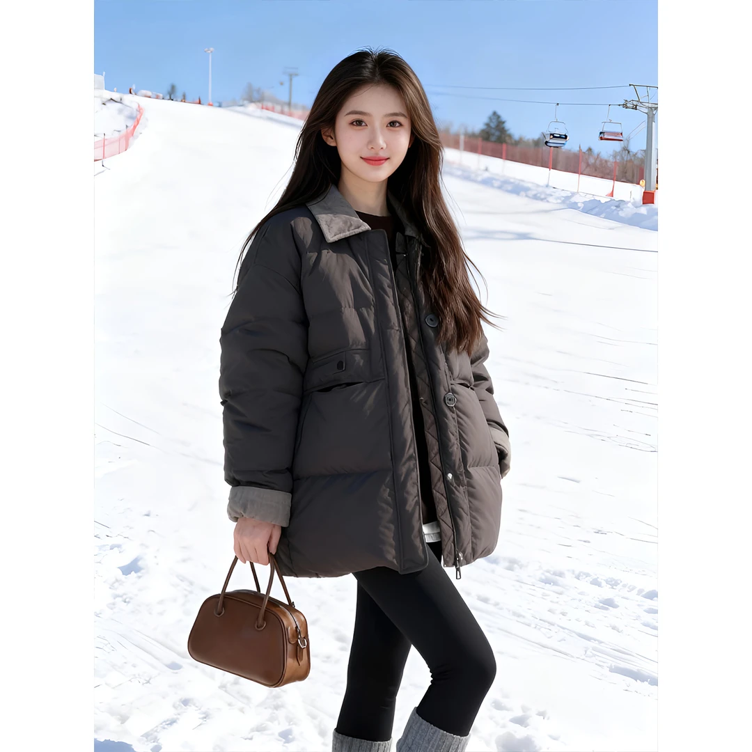 2025冬季新款时尚撞色翻领单排扣棉服女宽松加厚保暖中长款棉衣