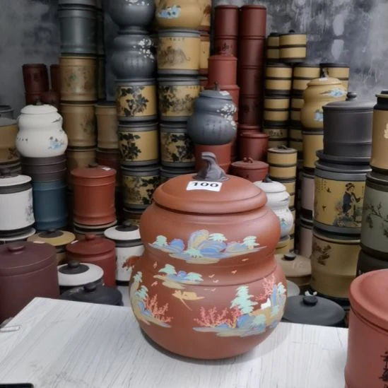 茶叶罐紫砂大葫芦红降坡山水100