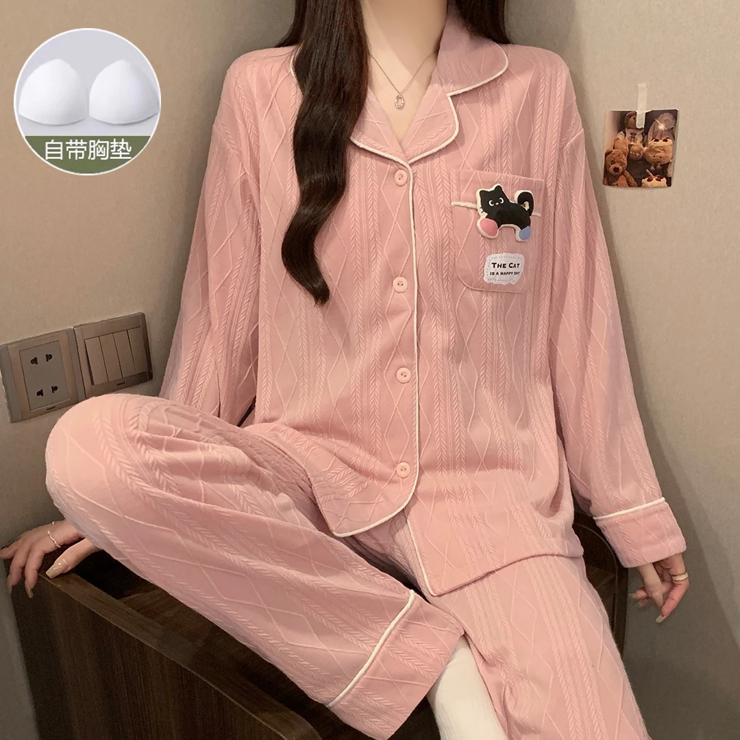 睡衣女带胸垫春秋冬季新款开衫甜美可爱宽松女士睡衣家居服套装