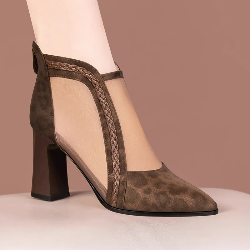 豹纹软皮网靴女尖头气质高跟网纱凉鞋女百搭粗跟透气软底凉靴