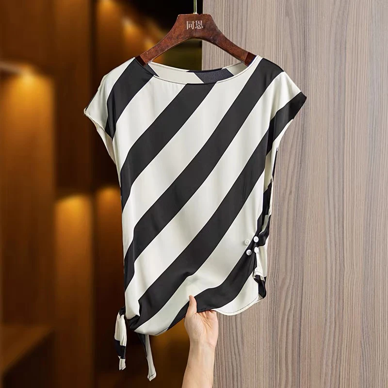 休闲条纹小衫上衣2025夏季新款气质法式百搭复古圆领显瘦T恤 2705