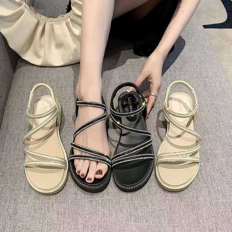 夏季外穿厚底软底水钻仙女款女凉鞋配裙子时尚松紧带平底百搭4286