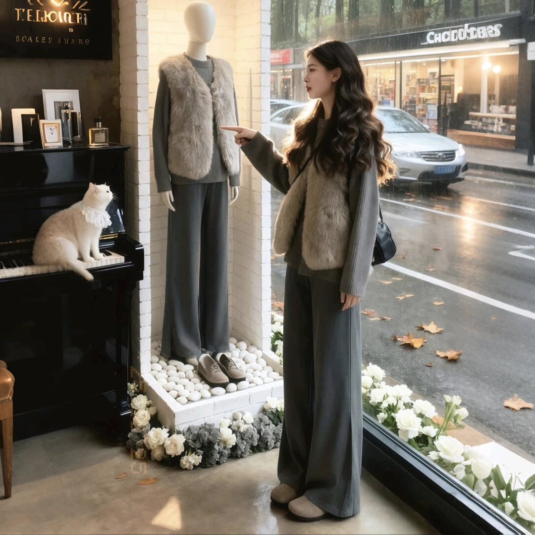 韩系一整套深冬穿搭chic套装女毛毛马甲叠穿针织上衣休闲裤三件套